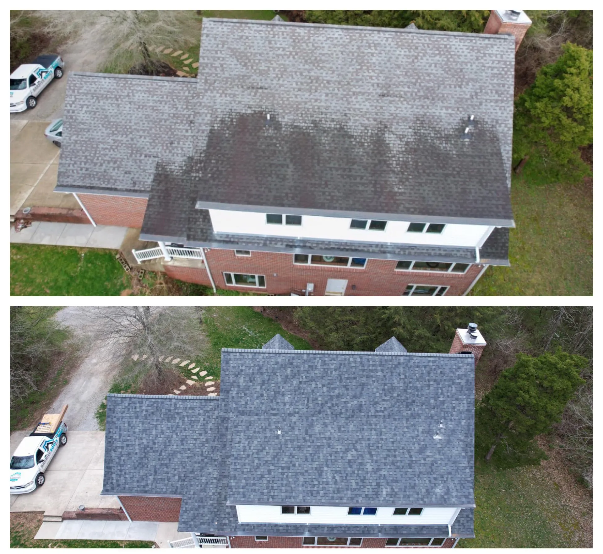 Before and after views of roof after a full roof replacement by Barrier Roofs in Lexington, KY