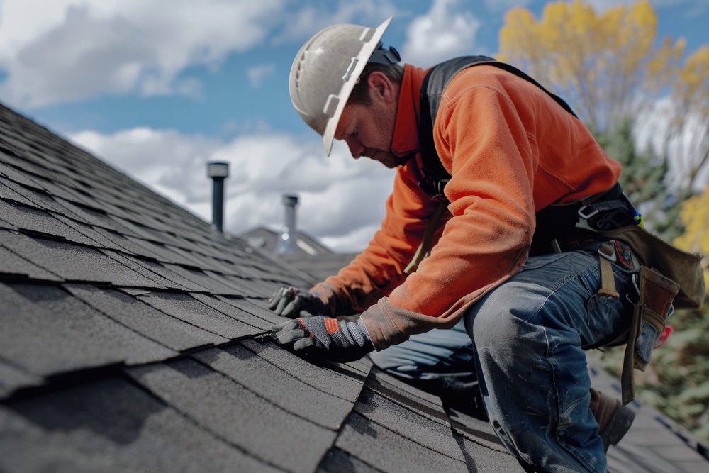 The man is working on a roof wearing safety gear.