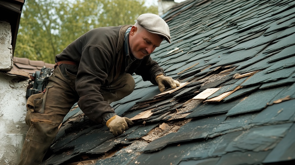 A skilled roofer carefully replaces damaged shingles on a zinc and slate roof. The sun shines as he works with precision, ensuring a durable repair in a residential setting