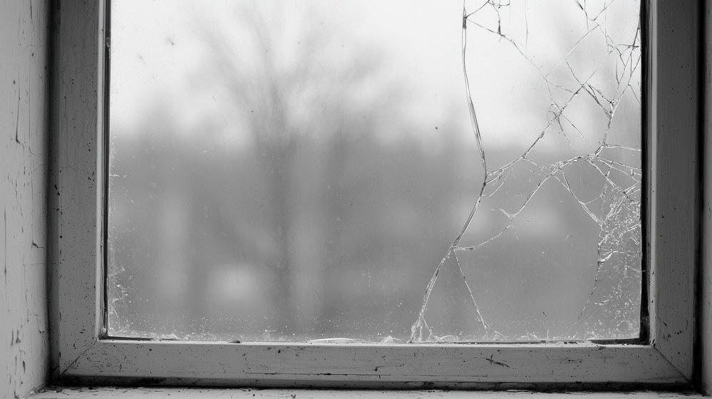 Cracked window pane with winter backdrop symbolizing chaos and transition