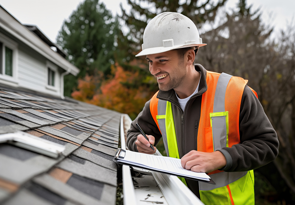 Home Roofing Inspector On Ladder, Roof Inspection With Clipboard Or Tablet, Construction Repair Survey Service, Analyze Damage By Professional Contractor with Construction Hat