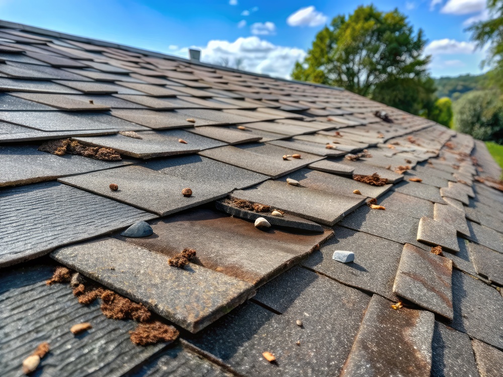 Damaged asphalt shingles with missing granules, curled edges, and visible wear on a neglected residential roof, indicating need for repair or replacement.